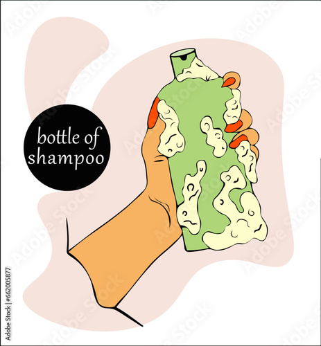 female hand holds bottle of shampoo with foam. cosmetic product in bottle, dispenser for liquid soap, gel, lotion, bath foam and fluffy foam.