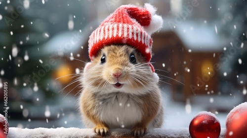 Photo of a cute little rodent wearing a festive knitted hat
