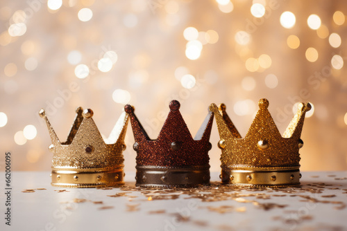 Fototapet Three gold shiny crowns on festive background