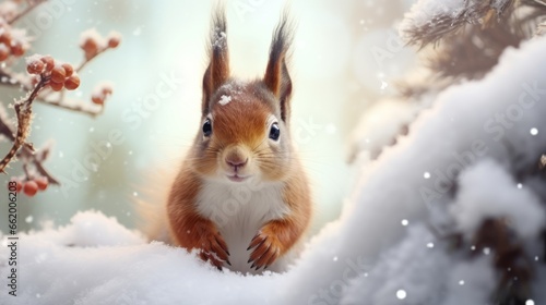 Photo of a cute red squirrel sitting in the snow © mattegg
