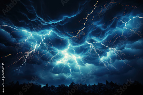 Brilliant bolts of lightning illuminating a pitch-black night sky during an electrical storm. Concept of a thunderstorm. Generative Ai.