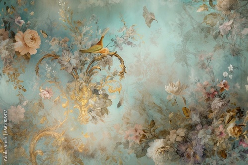 A dreamy wallpaper with intricate details of pastel blooms in blue and gold tones, featuring a fantasy fairytale aesthetic in a rococo luxurious style background. Generative AI photo