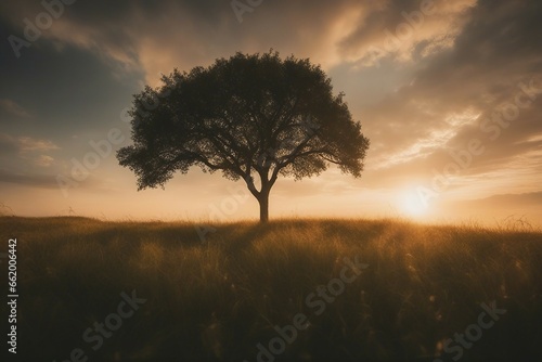 sunset in the forest, tree in the morning sunset in the steppe