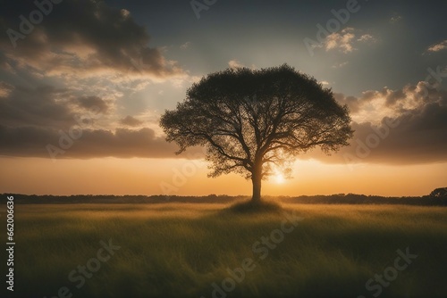 sunset in the forest, tree in the morning sunset in the steppe