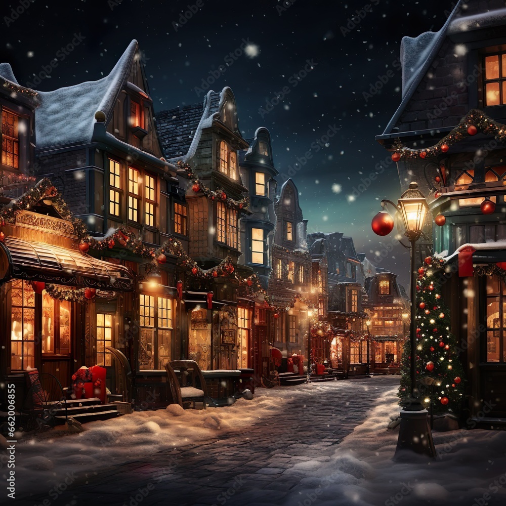 a snowy, warm street with a Christmas background