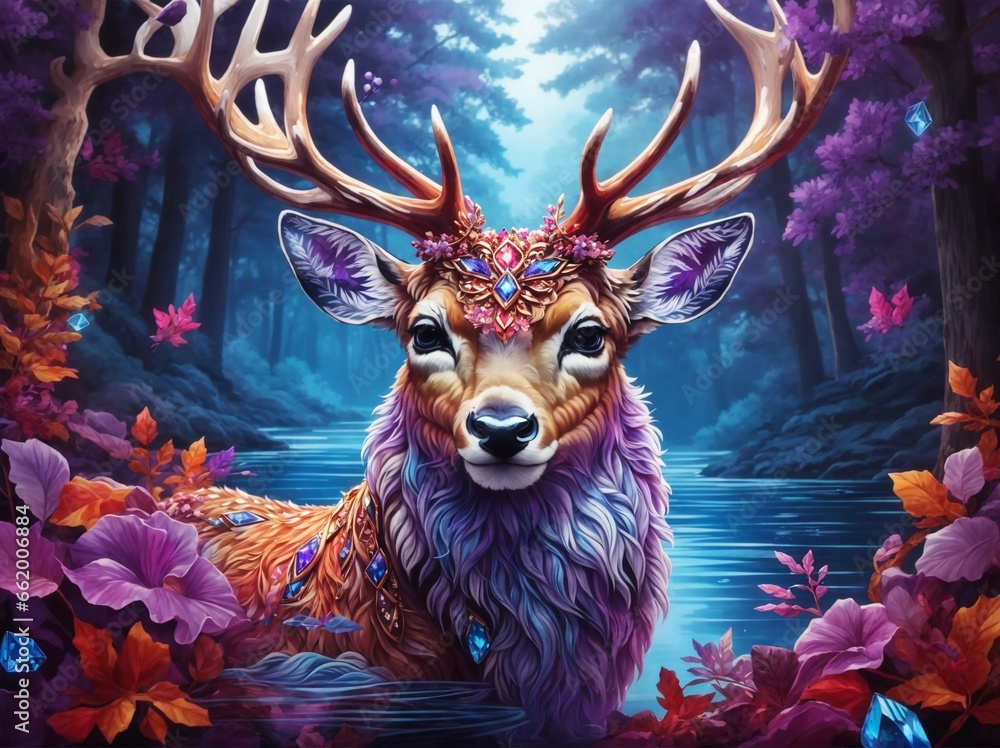 Deer in the woods in water, fantasy theme, ai generated