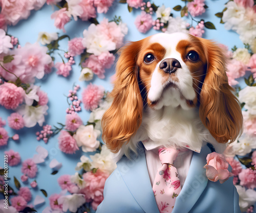 Creative animal concept. Cavalier King Charles spaniel Dog Puppy in smart suit, surrounded in surreal garden full of blossom flowers floral landscape. advertisement commercial editorial banner card	
