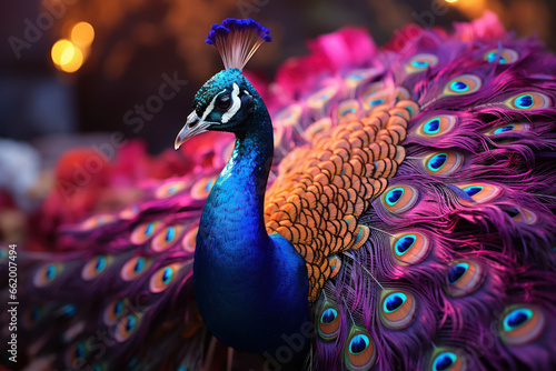 A brilliantly colorful peacock displaying its iridescent plumage in full glory. Concept of natural splendor. Generative Ai. photo