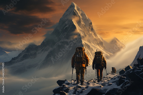 Exhilaration and determination of mountain climbers as they conquer a formidable peak, showing their teamwork, courage, and the sheer scale of the mountain for International Mountain Day