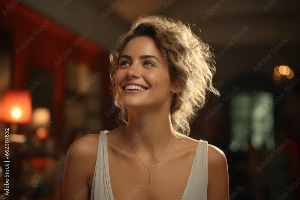 A radiant smile lighting up a room. Concept of inner beauty and happiness. Generative Ai. A radiant smile lighting up a room. Concept of inner beauty and happiness. Generative Ai.