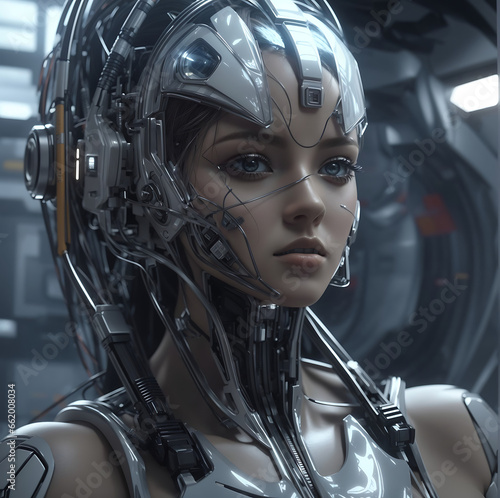 Photo of robot head with female face. Generative Ai