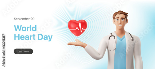 Web banner for World Heart Day. 3d character of a doctor pointing at a heart icon for a landing page. Vector illustration eps10