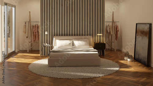 Modern bedroom interior design vray render. Artist room. Accogliente camera da letto con testata in legno. photo