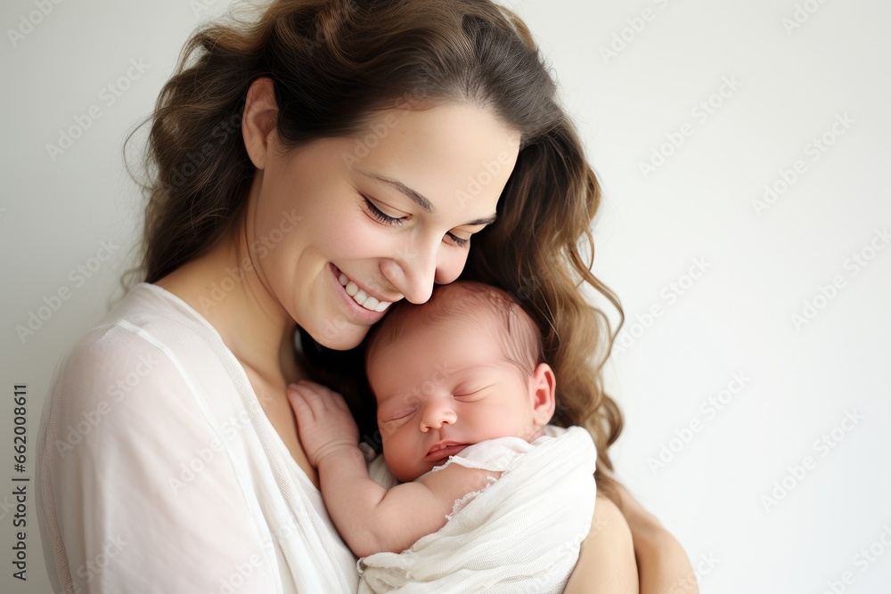 Young mother lovingly cradles her newborn baby in her arms