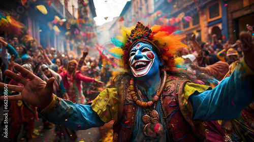 man celebrating Bolivian carnival, dancing with his colorful mask, Latin American culture and tradition, street carnival, typical clothing, native festivals