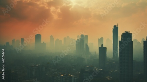 A hazy cityscape with visible smog over the skyline, obscuring tall buildings.