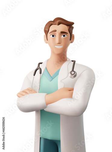 3d character of a doctor in a white coat with a stethoscope, arms crossed on chest. Vector illustration eps10