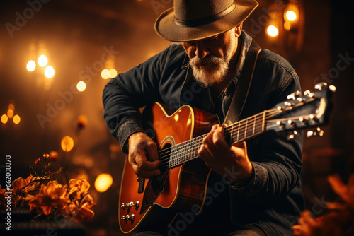 A musician passionately strumming an acoustic guitar, producing soul-stirring chords. Concept of acoustic creativity. Generative Ai.