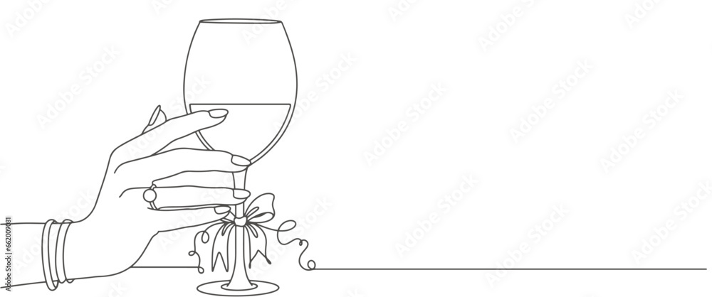hand holding a glass of wine line art style vector illustration