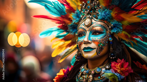 woman celebrating Bolivian carnival, colorful and feather mask, Latin American culture and tradition, street carnival, typical clothing, native festivals