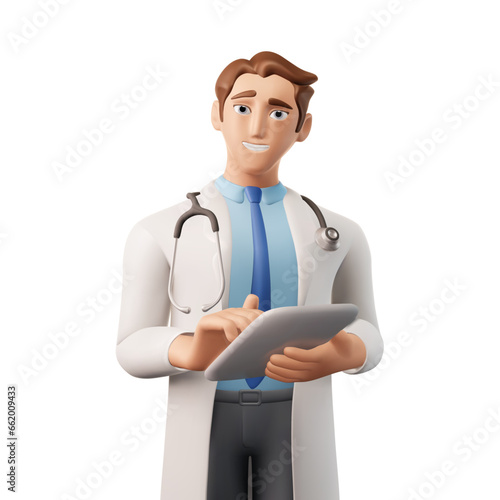 3d character of a doctor in a white coat, shirt, tie with a stethoscope holding tablet. Vector illustration eps10