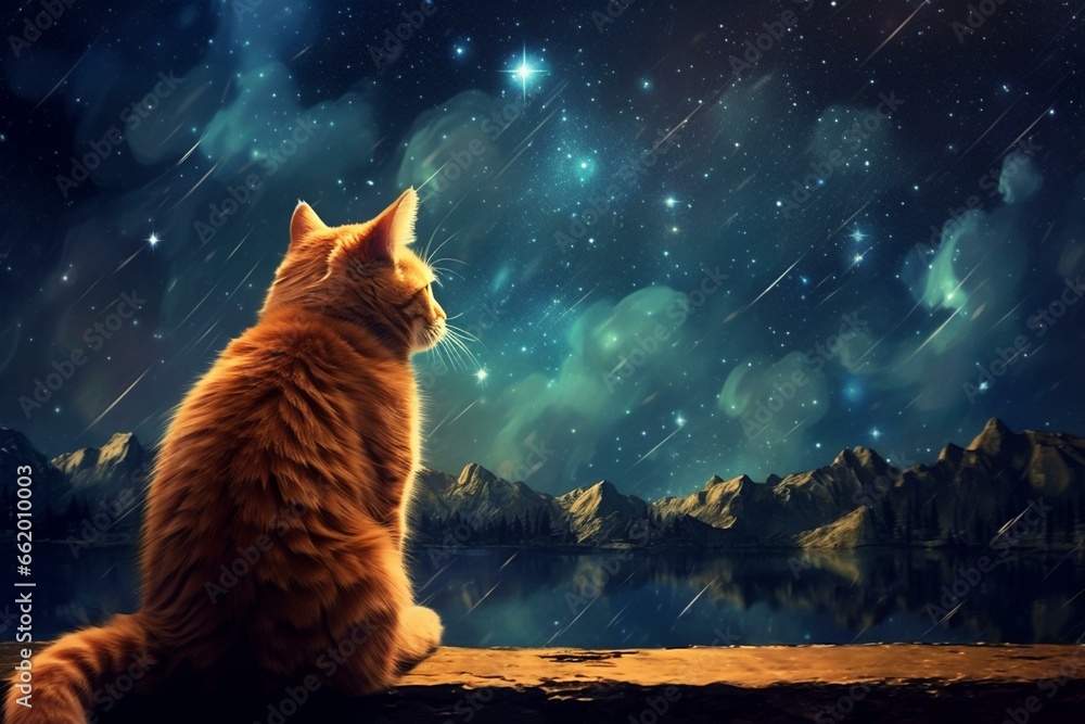 Adorable cat gazing at the night sky. Generative AI