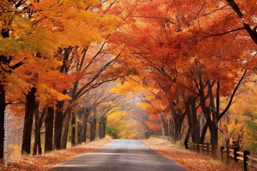 The vibrant foliage adorns the roadside while leaves gracefully fall and dance in the air. The crisp autumn scent surrounds you as you embrace the sights and sounds. Generative AI