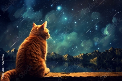 Adorable cat gazing at the night sky. Generative AI