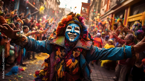 man celebrating Bolivian carnival, dancing with his colorful mask, Latin American culture and tradition, street carnival, typical clothing, native festivals