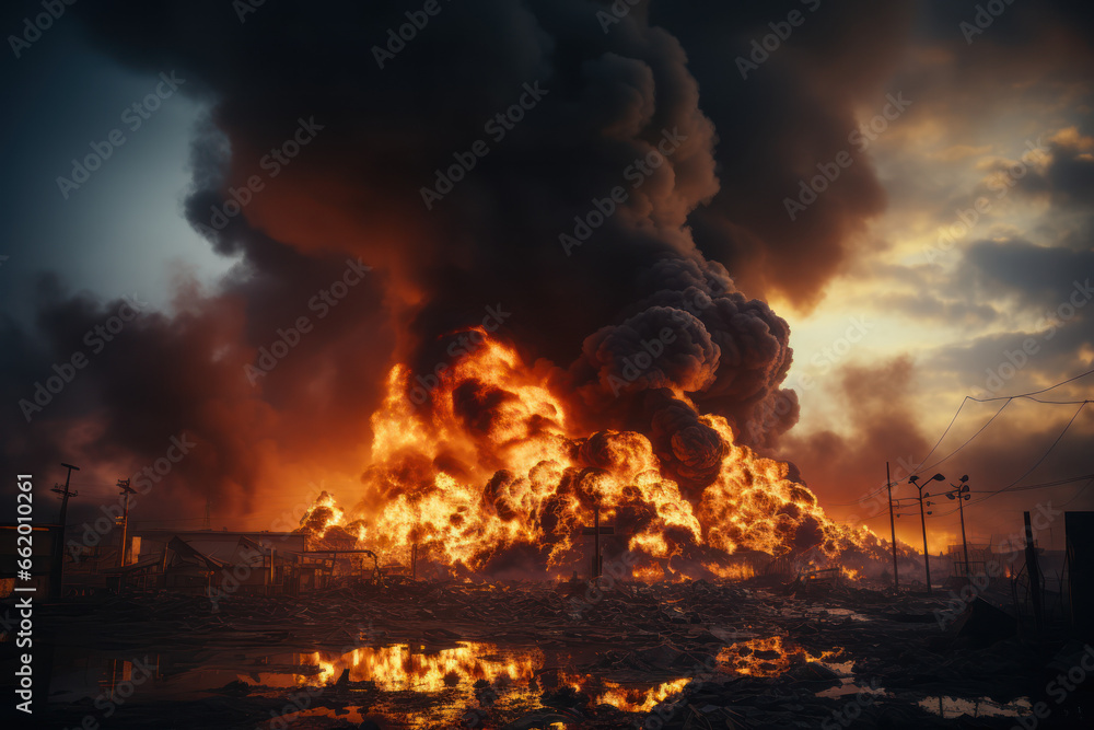 A factory engulfed in flames, releasing plumes of thick black smoke into the air. Concept of industrial fire disaster. Generative Ai.