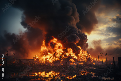 A factory engulfed in flames  releasing plumes of thick black smoke into the air. Concept of industrial fire disaster. Generative Ai.