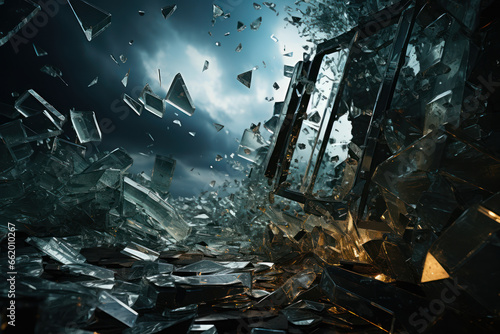 A shattered glass skyscraper facade after a hailstorm, depicting the destruction caused by extreme weather. Concept of hailstorm damage. Generative Ai.