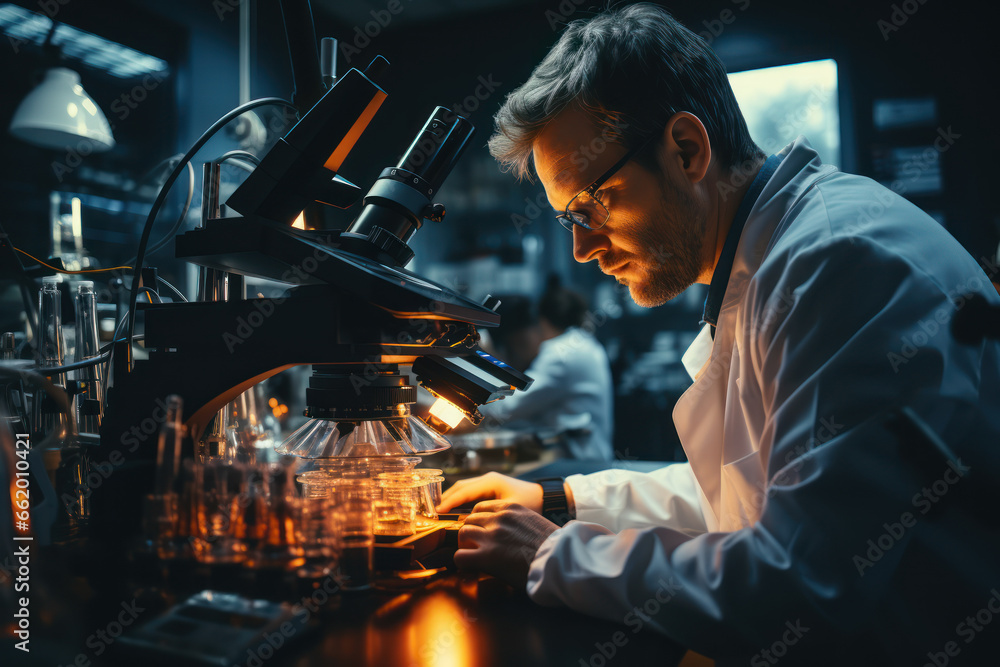 A scientist peering through a microscope, studying cellular processes that occur in fractions of a second. Concept of microscopic time. Generative Ai. A scientist peering through a microscope, studying cellular processes that occur in fractions of a second. Concept of microscopic time. Generative Ai.