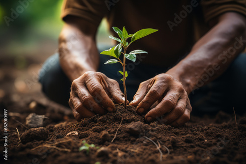 Pair of hands carefully planting a tree in nutrient rich soil, emphasize the role of afforestation and responsible land use in soil conservation on World Soil Day