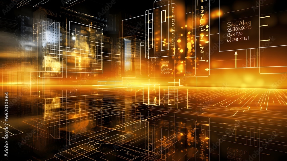 Futuristic depiction of a digital metropolis, with electronic schemes and codes superimposing illuminated skyscrapers in an atmosphere of golden light. Futuristic depiction of a digital metropolis, with electronic schemes and codes superimposing illuminated skyscrapers in an atmosphere of golden light.