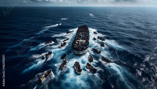Aerial view of a boat crowded with migrants in the Mediterranean Sea, surrounded by small rescue boats, with the vast sea as a backdrop.