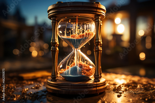A broken hourglass releasing its last grains of sand, illustrating the finality of moments and the end of time. Concept of impermanence. Generative Ai.