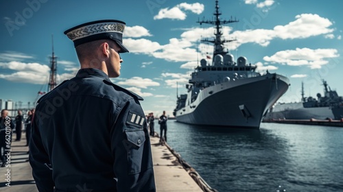 Fotografie, Obraz Naval vessel with sailors on deck in uniform
