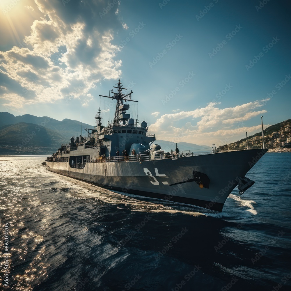 Military liner at sea with helicopters and warships