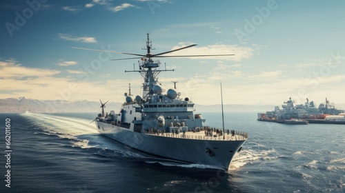 Military liner at sea with helicopters and warships