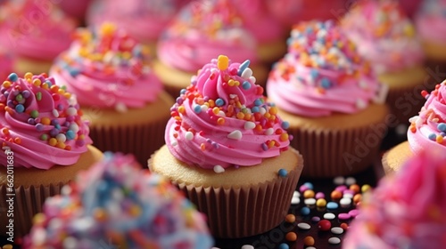 A playful array of cupcakes with colorful frosting and edible glitter.