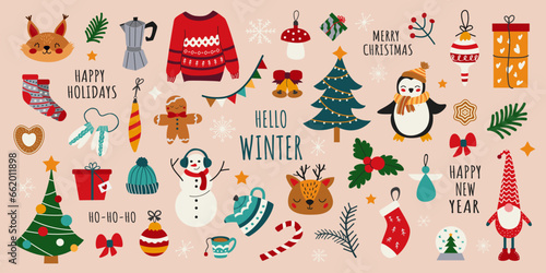 Large vector winter set. Christmas set. New Year. Christmas trees, snowman, reindeer, snowflakes, sweater, teapot, socks, inscription. Collection of winter elements for scrapbooking. Hand drawn style.