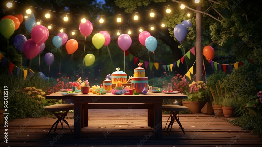 A backyard garden party with fairy lights, balloons, and a birthday cake on a table. - obrazy, fototapety, plakaty 