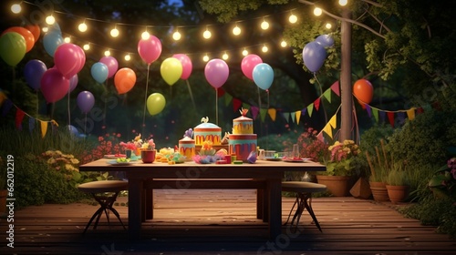 A backyard garden party with fairy lights, balloons, and a birthday cake on a table. photo