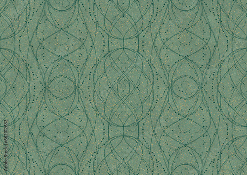 Wallpaper Mural Hand-drawn unique abstract seamless ornament. Dark green on light cold green background, with splatters of golden glitter. Paper texture. Digital artwork, A4. (pattern: p10-2b) Torontodigital.ca