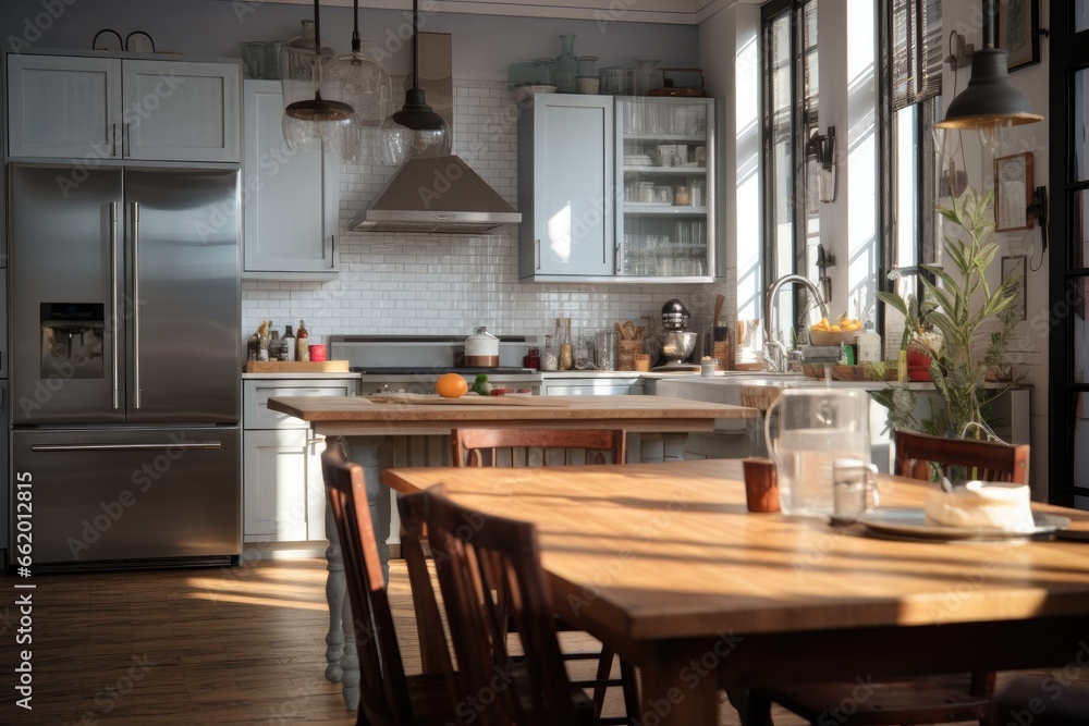 Beautiful Calm Kitchen Interior with Morning Light, Stainless Steel Appliances, White Cabinetry, and Farmhouse Fixtures