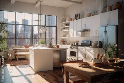 White Kitchen Interior with Wood Dining Table, Hardwood Floors, City Views in Modern Windows, Cityscape