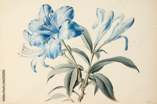 Botanical drawing of Gentiana alpina pumila brevi folio, published in Rome in 1772-93. Generative AI photo