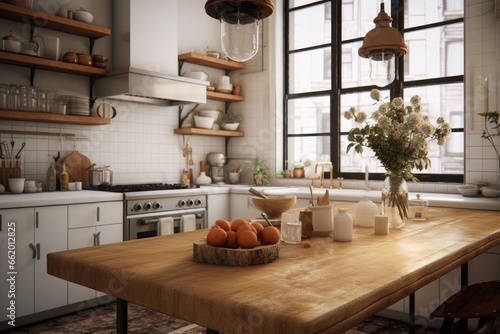 Butcher Block Island with Fruit and House Items, Modern White Apartment Kitchen with Tile Backsplash, Pendant Lights Over Table, Open Shelving with Plates and Cups