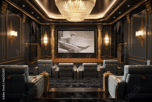 Luxurious Home Theatre Gallery with Projector and Light Sconces, Chandelier with Glass Jewels, Reclining Chairs Facing Screen